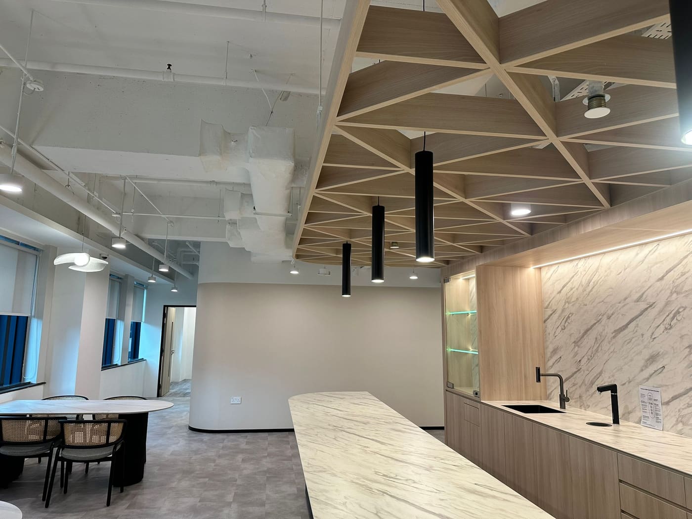 Pantry with a timber lattice ceiling and pendant lights