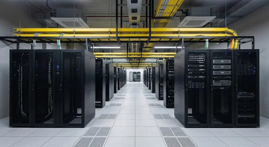 Illustration: a data hall with server racks, busduct and cable trays