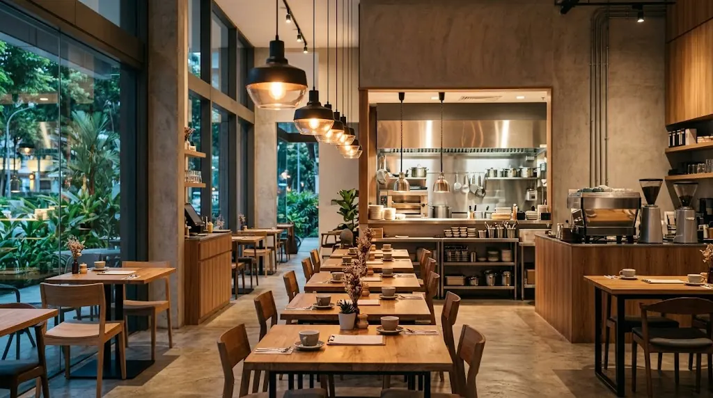 Illustration: a café with pendant lights over timber tables