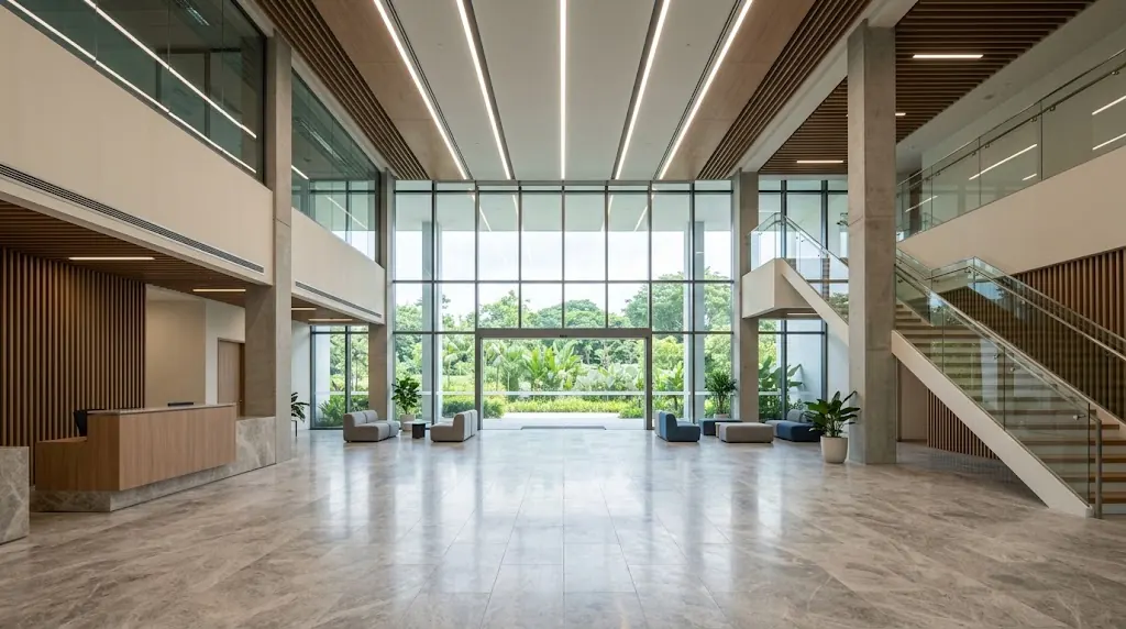 Illustration: a public-building lobby with linear ceiling lighting