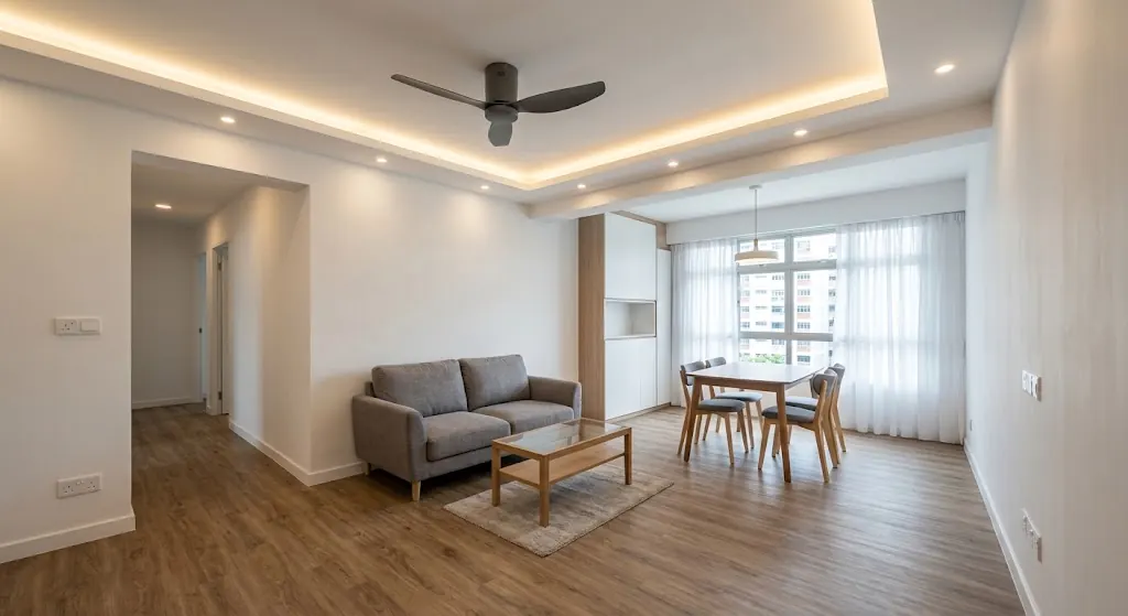 Illustration: a renovated HDB living room with downlights and a ceiling fan