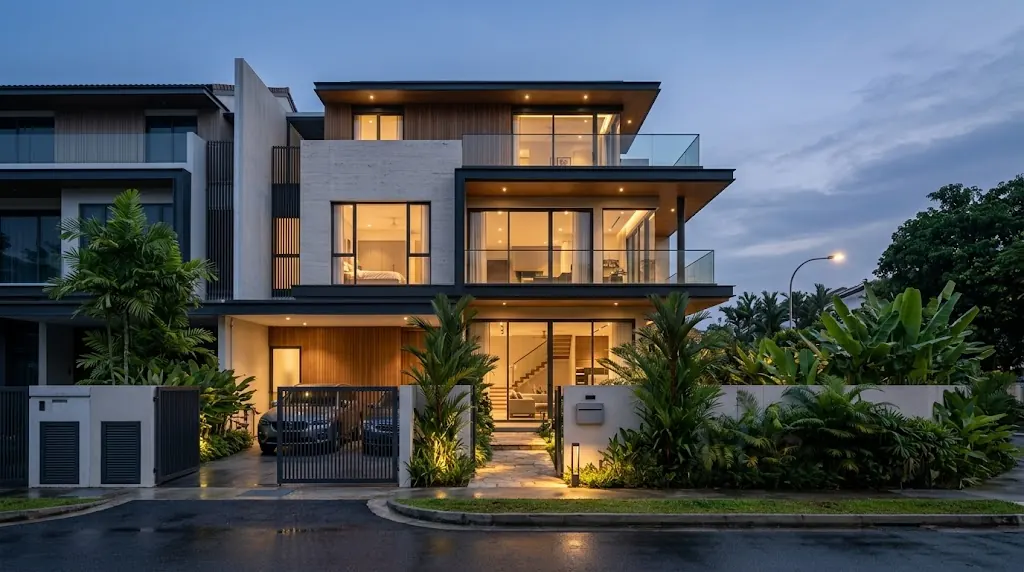 Illustration: a modern landed house at dusk with warm lighting inside and garden lights outside