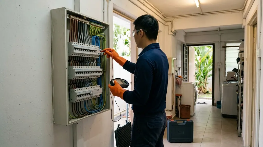 Illustration: an electrician in insulating gloves and safety glasses testing a three-phase distribution board in a landed home’s utility area