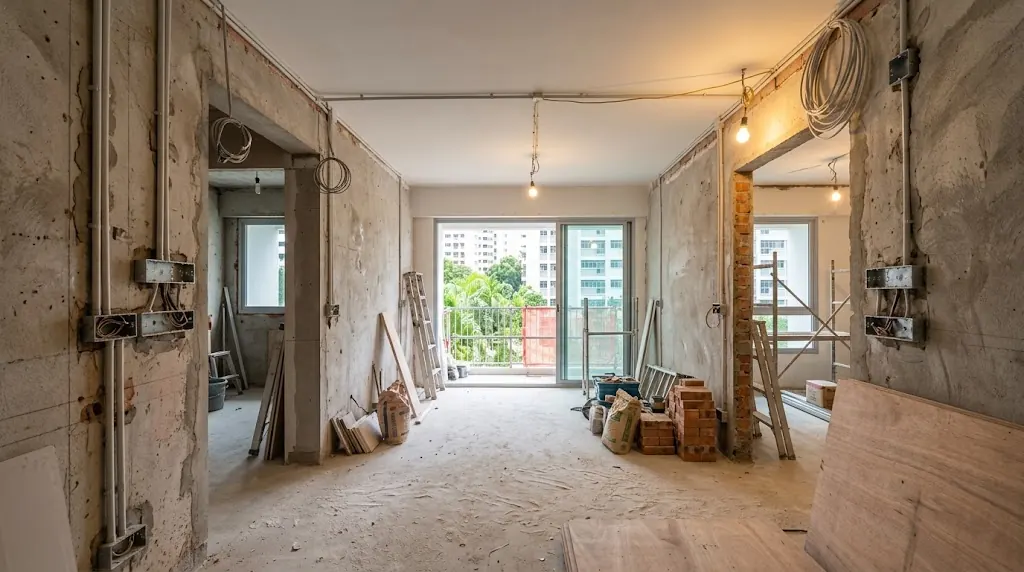 Illustration: a flat under renovation, with conduit runs and empty back boxes before plastering