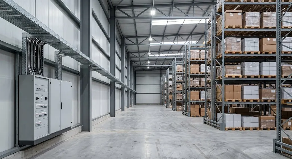 Illustration: a warehouse with high-bay lighting and a distribution board