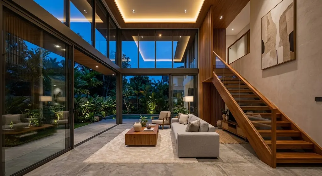 Illustration: a landed-house living room at dusk with cove lighting and downlights