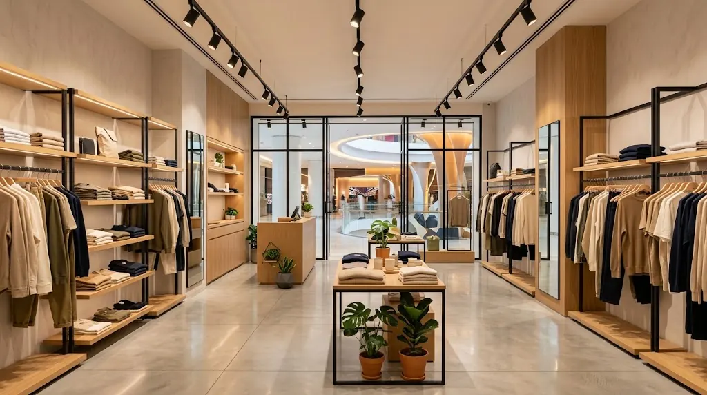 Illustration: a boutique with track spotlights and shelf lighting