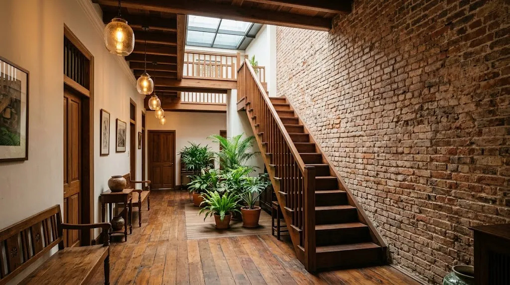 Illustration: a restored shophouse interior with a brick party wall