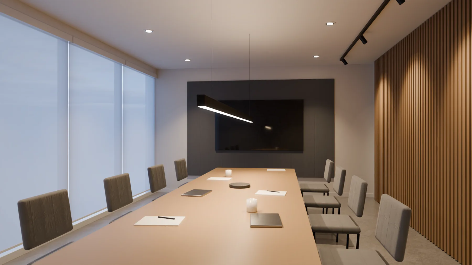 Illustration of a meeting room in its meeting scene. Everything at full; the timber-wall spots at 80%.