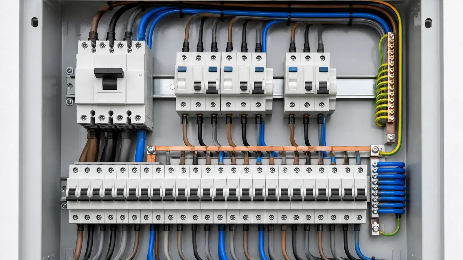 An open three-phase distribution board