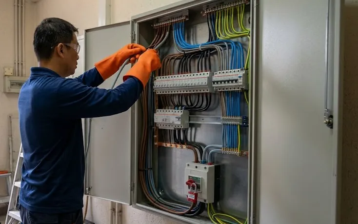 Illustration: an electrician in insulating gloves and safety glasses terminating cables in a new three-phase distribution board, its main isolator locked off