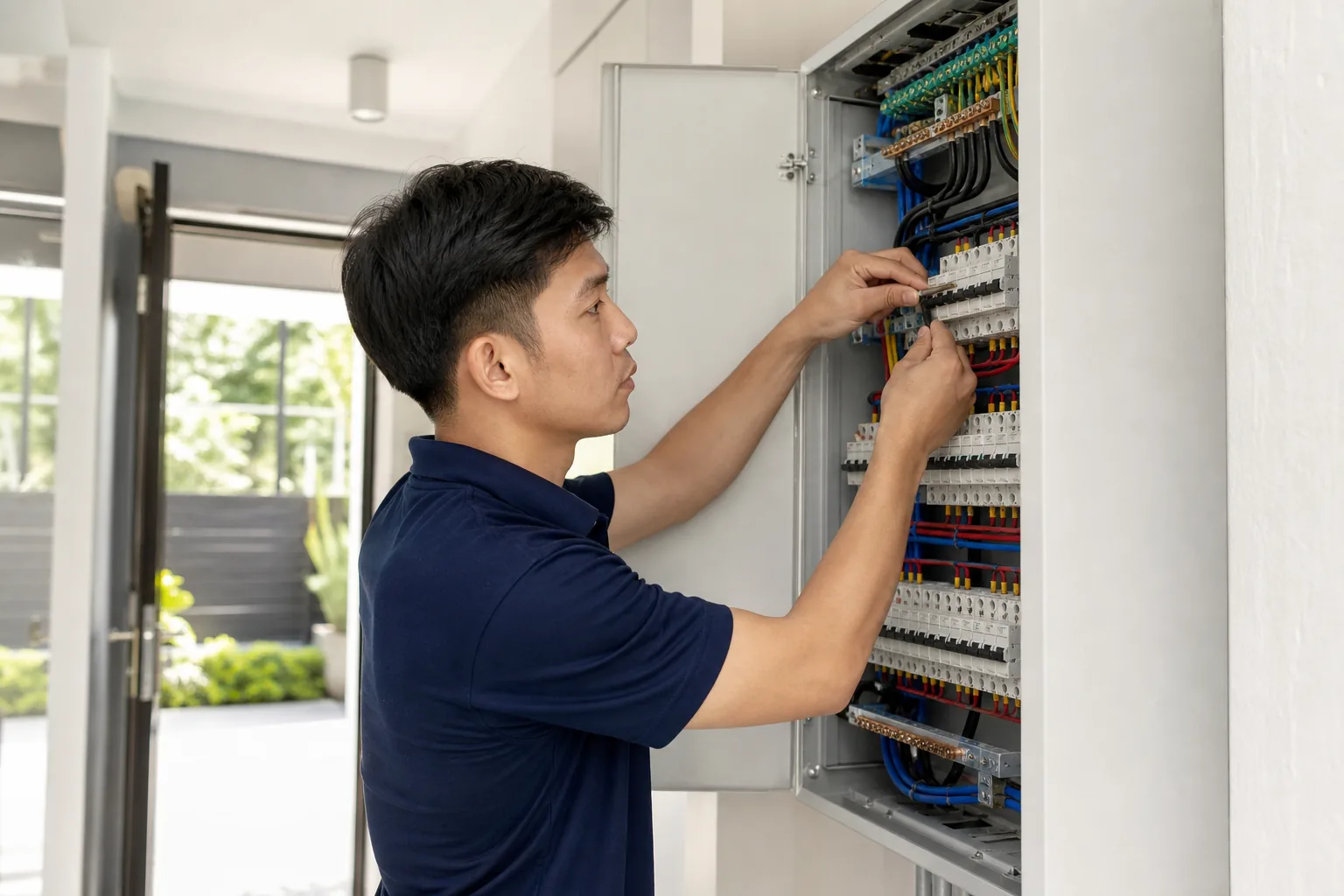 A licensed electrician wiring a three-phase distribution board in a Singapore landed home