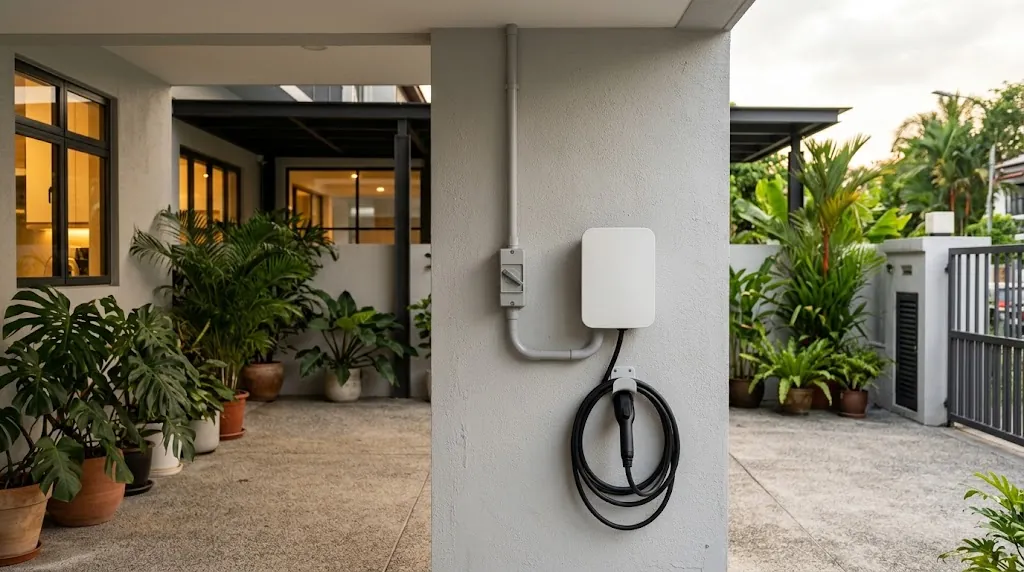 Illustration: a wall-mounted EV charger on a landed-home car porch, fed through conduit from its own isolator