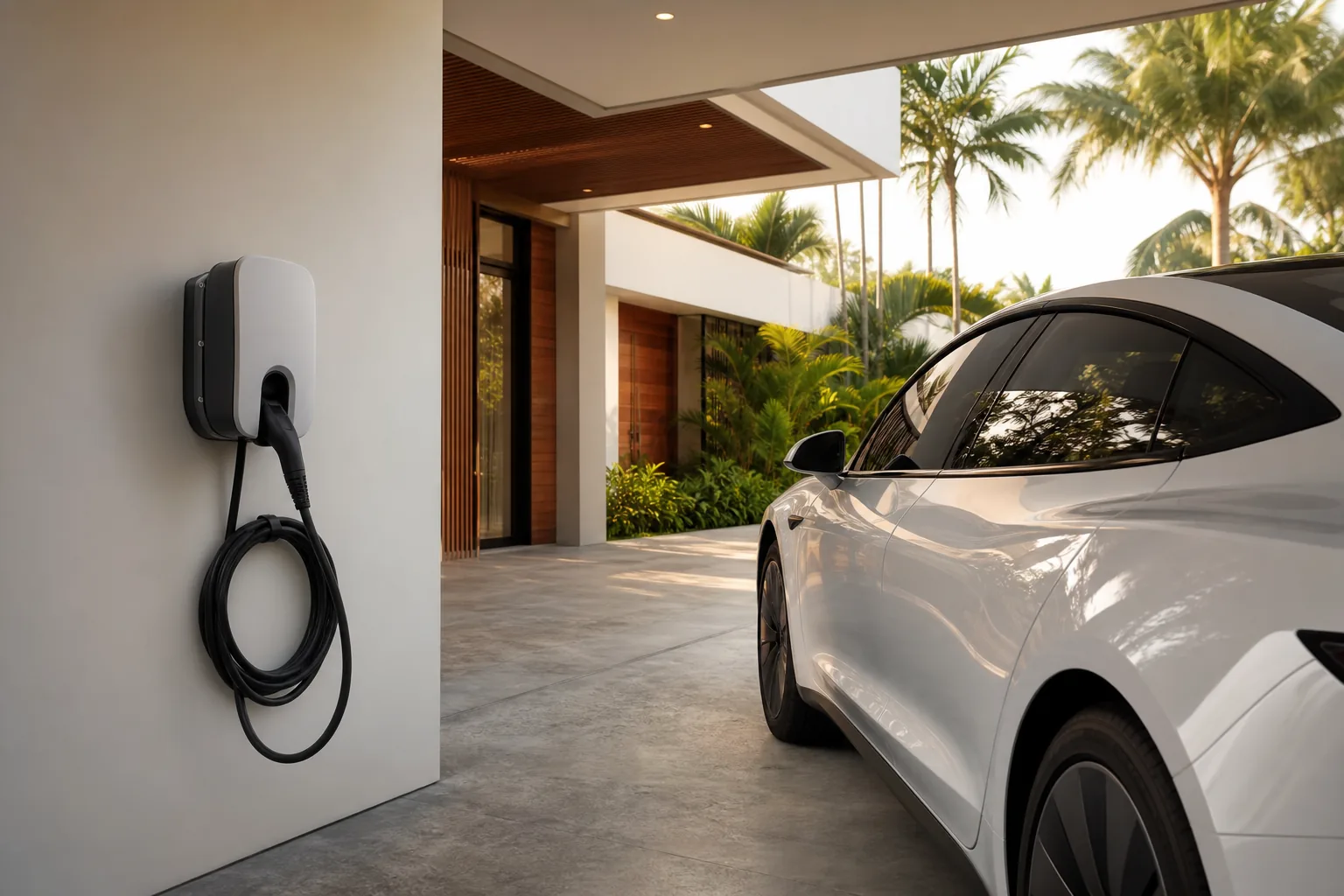 A wall-mounted EV charger installed in a Singapore landed-home car porch with an electric car parked beside it