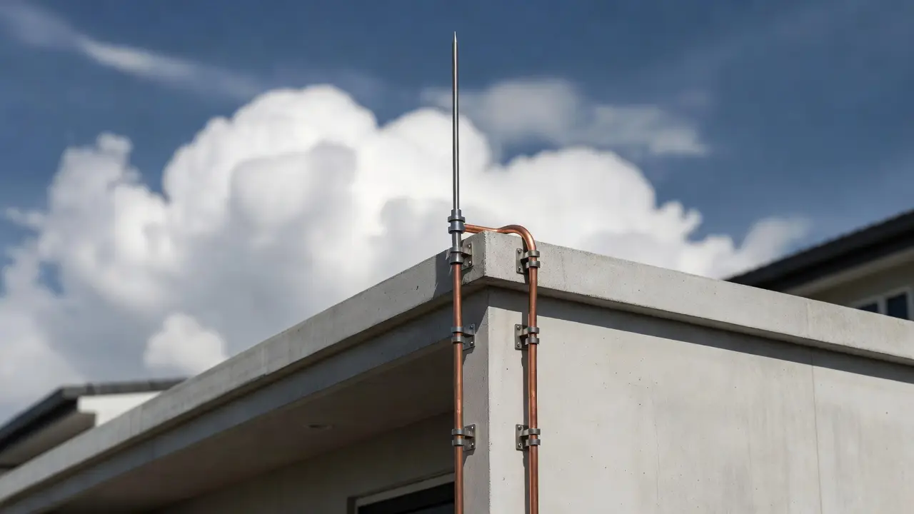 An air termination rod and copper down-conductor on the roof parapet of a modern house