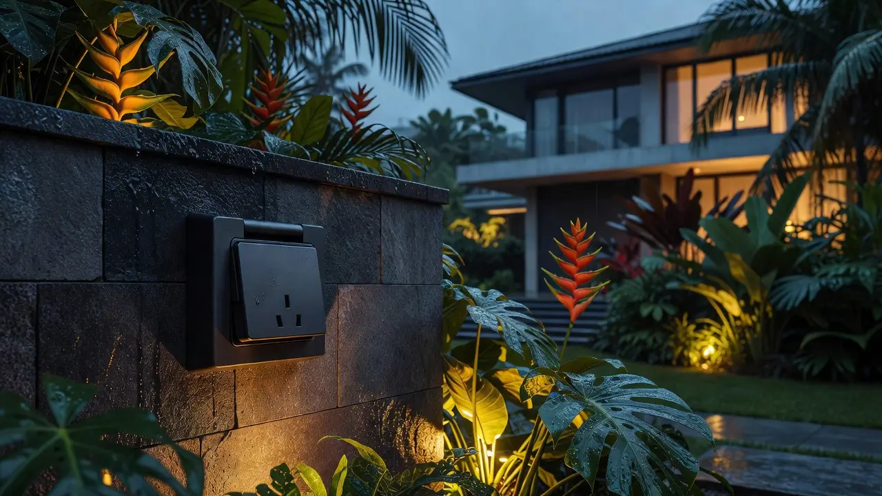 A weatherproof outdoor socket with a sealed hinged cover on a garden wall, with landscape lighting after rain