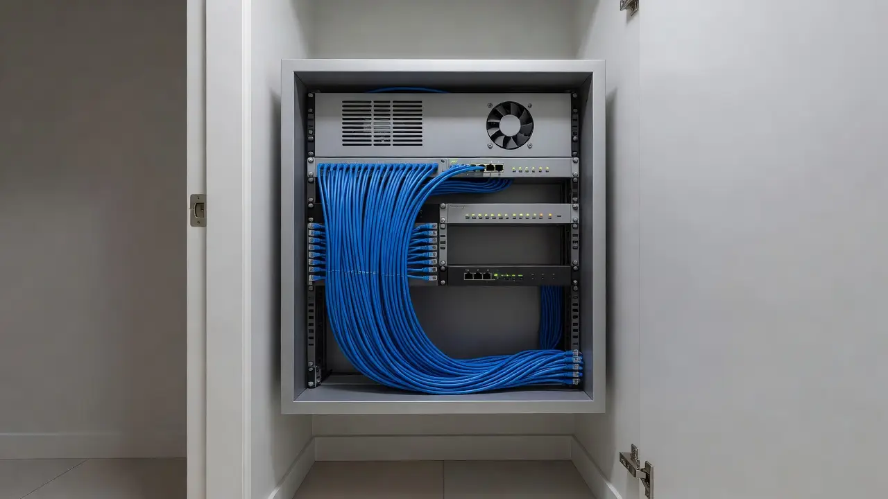 A wall-mounted network communications rack with patch panel, Cat6 cabling, switch and ventilation fan in a utility cupboard