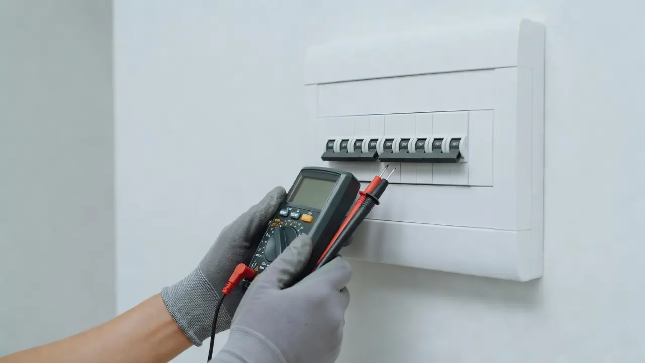 Gloved hands holding an electrical test instrument with probe leads at a residential distribution board