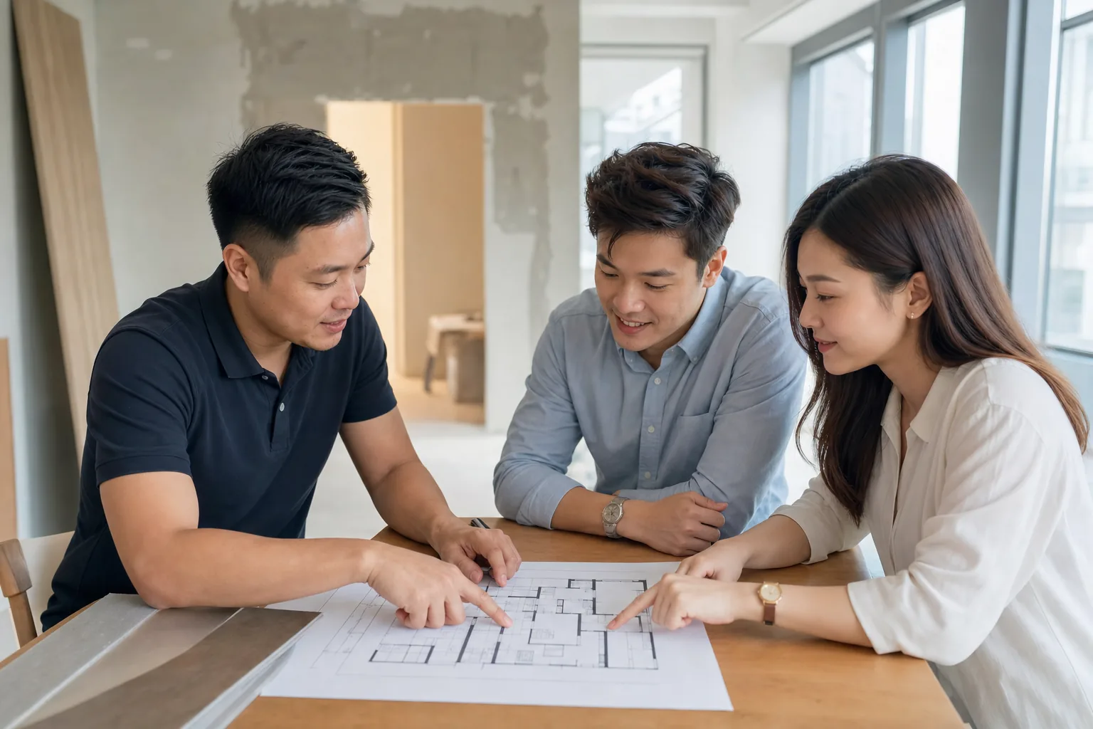 A licensed contractor reviewing an apartment floor plan with a homeowner couple during renovation planning