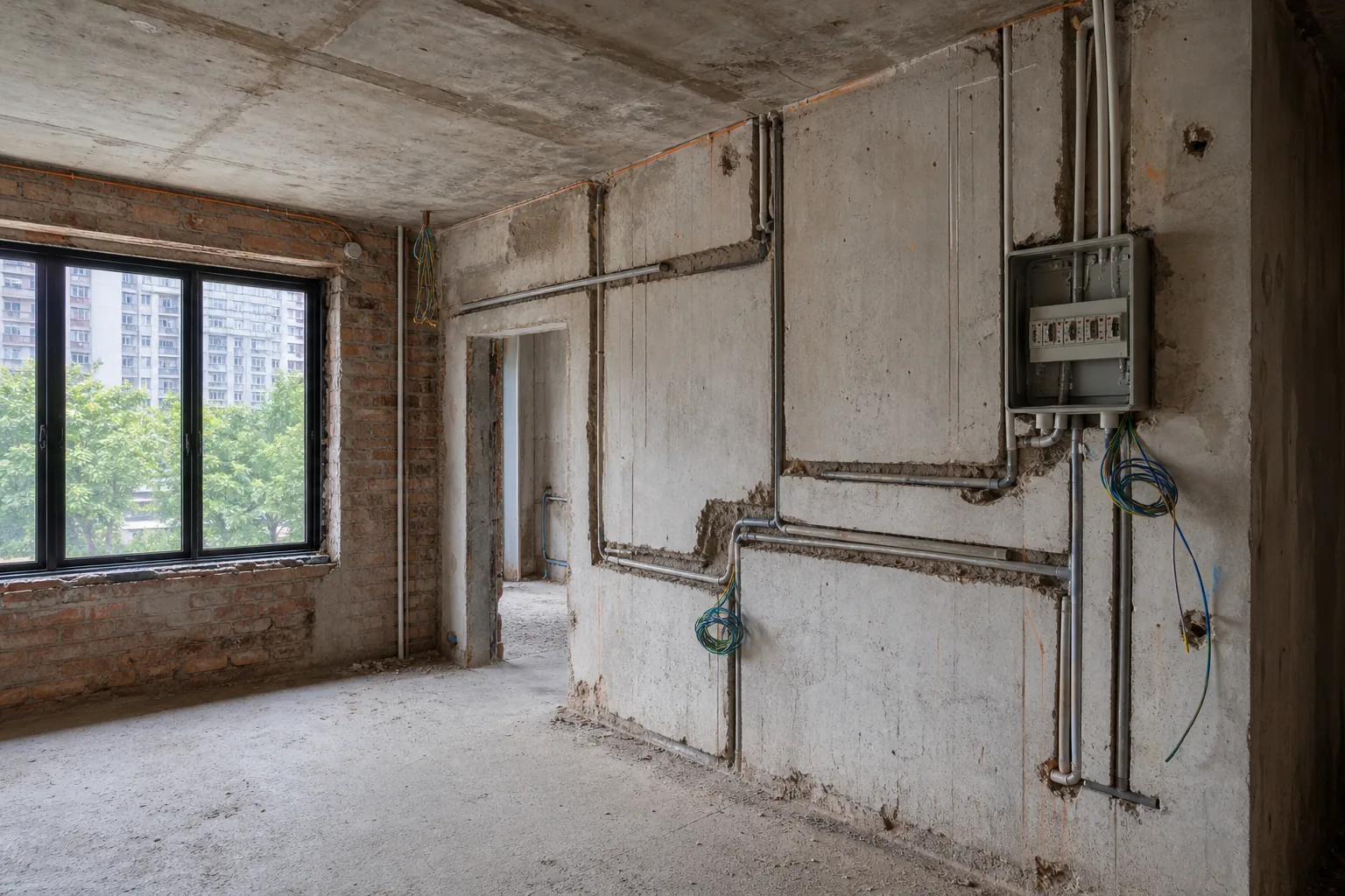 First-fix electrical stage of a Singapore renovation — cables and conduits chased into bare walls with a consumer unit roughed in