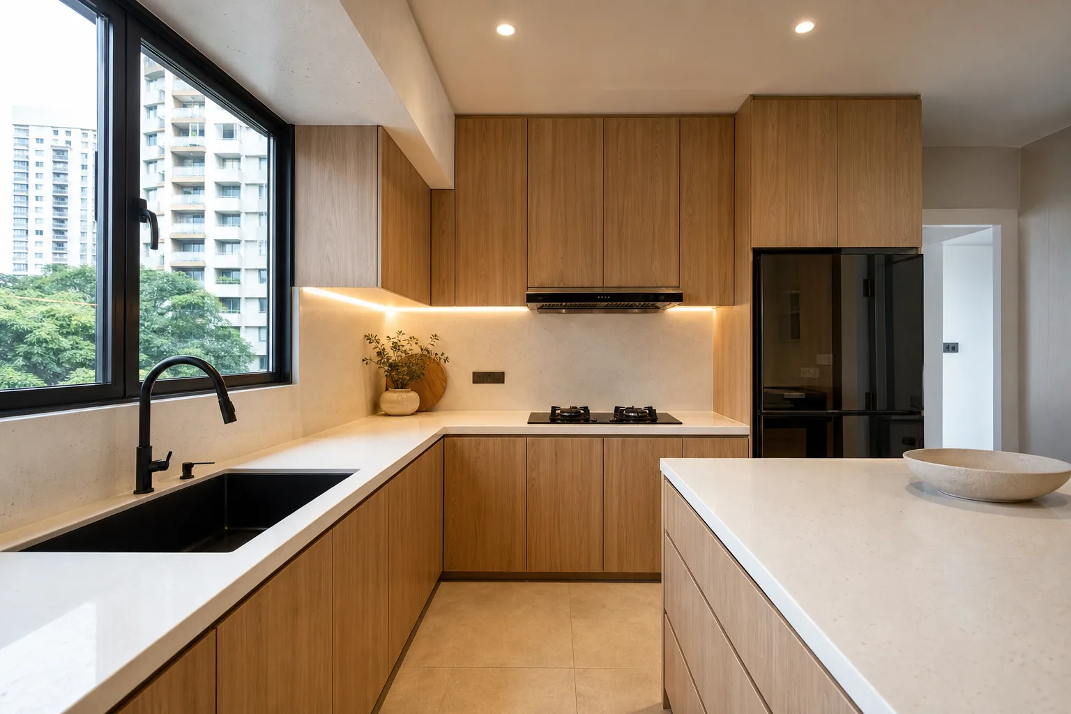A newly renovated modern Singapore kitchen with under-cabinet lighting, cooker hood and integrated appliances
